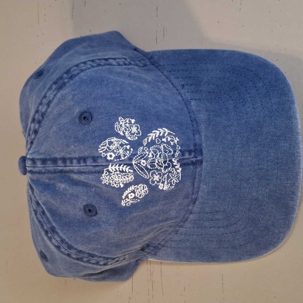 Denim Cap With Embroirded Floral Paw Print